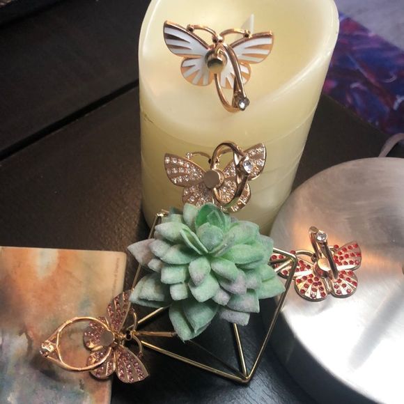 - #163 🤍Cell Phone Ring Stand Holder Grip White Striped Bling Butterfly🤍🦋 - Picture 4 of 17